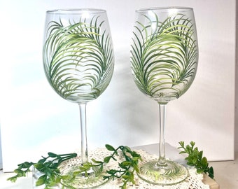 Free shipping Tropical ferns hand painted on a pair of wine glasses personalizable wedding anniversary retirement birthday gift