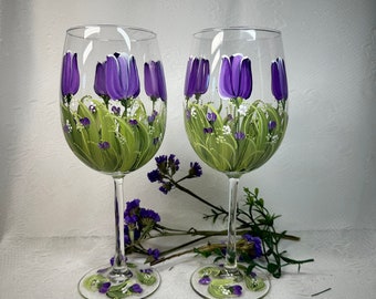 Free shipping Tulip pair of wine glasses hand painted personalizable wedding gift birthday retirement etc