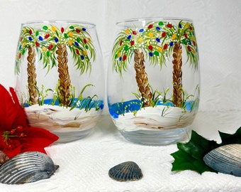 Holiday  lights beach  palm tree pair of hand  painted stemless wine glasses personalizable gift ships free