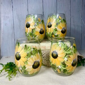 Vibrant Sunflowers hand painted on a set four  pretty stemless  wine glasses personalizable gift for her birthday wedding retirement