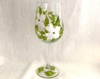 Dogwood blossom hand painted wine glass personalizable lovely gift free shipping