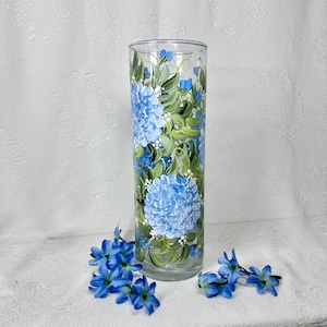 Hand painted hydrangeas on cylinder glass 10 inch vase personalizable for mom weddings retirement  special occasions with fast free shipping