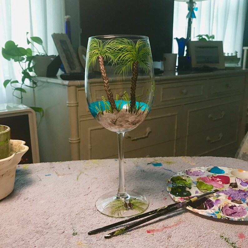 Free shipping Palm trees beach wine glass hand painted for mom Etsy