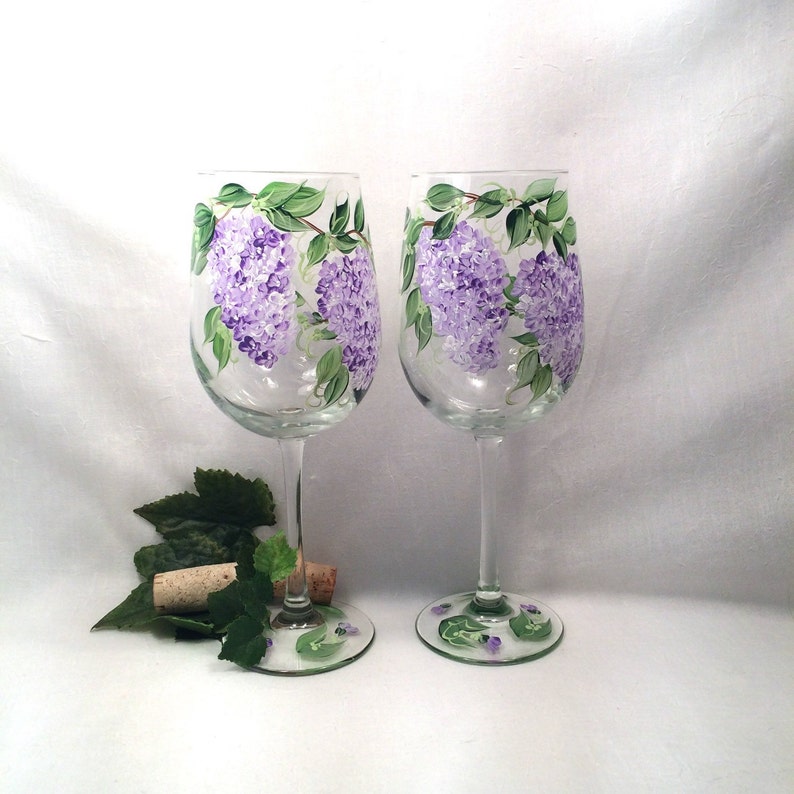 Lilacs Hand Painted on a Pair of Pretty Wine Glasses Etsy