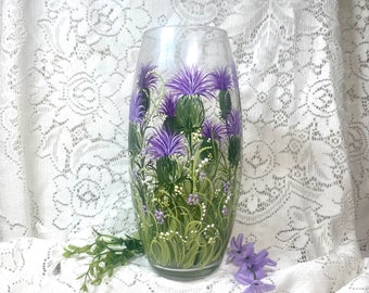 Thistle in bloom hand painted handblown vase personalizable gift for weddings retirements hostess birthdays free fast shipping for gifts