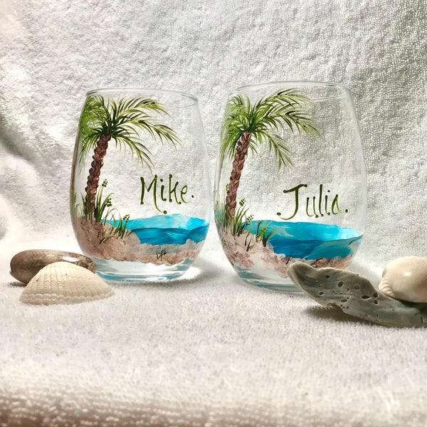 Beach palm tree set of two stemless hand painted wine glasses personalizable with names dates hearts  beach name free priority shipping