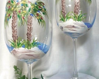 Free shipping holiday Christmas lights  Beach theme palm tree pair of hand  wine glasses stemmed or stemless