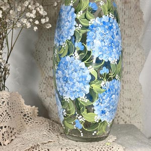 Hydrangea hand painted blue  10 inch vase personalizable gift wedding birthday anniversary retirement free shipping
