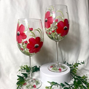 Hand  painted poppies  beautiful wine glasses set of two personalizable gift retirement wedding birthday poppy lover free fast shipping