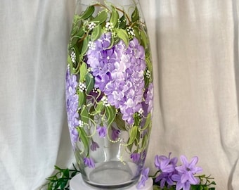 Hand painted lilacs on tall hand blown glass vase personalizable for special occasions with fast free shipping