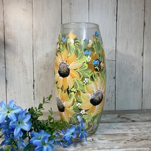 Free priority shipping stunning tall sunflower hand painted glass vase perfect gift wedding gift retirement personalizable