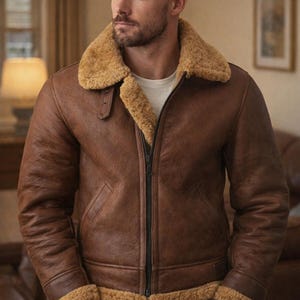 Bruin lederen bomberjack heren schaapsvacht – B3 Aviator Flight Coat