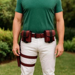 Könnte beinhalten: Ein burgunderfarbener Ledergürtel mit zwei Taschen und einem passenden Holster. Der Gürtel hat eine schwarze Schnalle und wird mit einem passenden Oberschenkelriemen getragen. Die Taschen haben schwarze Akzente. Die Person trägt ein grünes T-Shirt und eine weiße Hose.