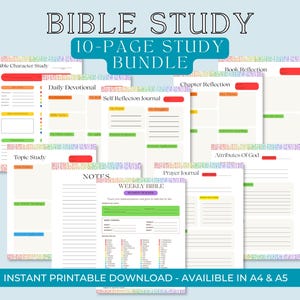 May include: A bundle of 10 printable Bible study pages. The pages include sections for Bible character study, daily devotionals, and chapter reflection. The pages have colorful borders and the text "BIBLE STUDY 10-PAGE STUDY BUNDLE".