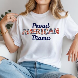 Proud American Mama PNG, patriotic patchwork quilted lettering, 4th of July download