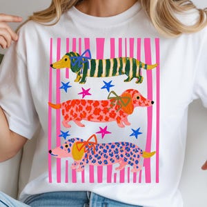 Pu&ograve; includere: T-shirt bianco con tre bassotti illustrati con motivi verdi, rossi e blu, ognuno con un fiocco. Strisce verticali rosa e stelle completano il design. La maglietta &egrave; realizzata in un materiale morbido e confortevole.