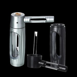 May include: A silver and black smoking device with a cylindrical body and a handle. The device is disassembled, showing the various components, including a chamber, a mouthpiece, and a small tool. The background is black.