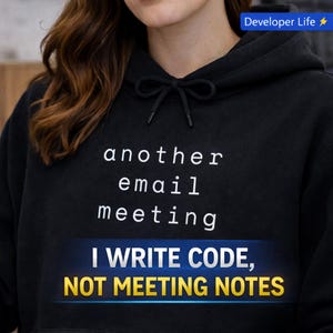 May include: Black hoodie with white text reading "another email meeting". Underneath, a blue and yellow banner states "I WRITE CODE, NOT MEETING NOTES". The hoodie features a drawstring and a hood.