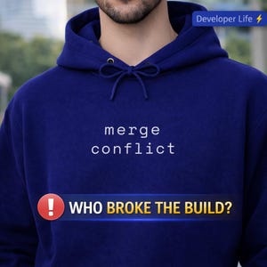 Op de afbeelding: Een marineblauwe hoodie met de woorden "merge conflict" in het wit. Daaronder staat op een banner "WHO BROKE THE BUILD?" in witte tekst met een rood uitroepteken. De tekst "Developer Life" staat in de rechterbovenhoek.