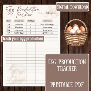May include: A printable egg production tracker with a rustic design. The tracker includes sections for date, coop/hen, number of eggs, and notes. A woven basket filled with eggs is in the upper right corner. The text "Digital Download" is at the top.