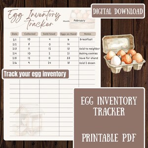 May include: A printable egg inventory tracker with a rustic design. The design includes a table to track egg collection, usage, and inventory. The words "Egg Inventory Tracker" and "Printable PDF" are displayed.