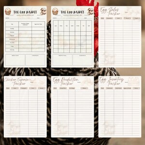 May include: A set of six printable log sheets for chicken keepers, including The Egg Basket weekly and monthly logs, Egg Sales Tracker, Chicken Expense Tracker, Egg Production Tracker, and Egg Inventory Tracker, all featuring light brown graphics.