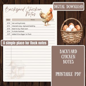 May include: A printable Backyard Chicken Notes log sheet featuring a watercolor illustration of a hen, a woven basket filled with brown and white eggs, and a faint coop graphic. The page includes columns for dates and notes, plus the text Digital Download.