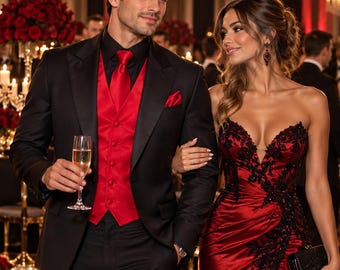 Men’s solid  Vest Set with Matching Tie & Pocket Square in Red