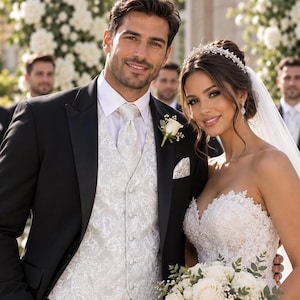 May include: A black tuxedo jacket and trousers paired with a white paisley patterned waistcoat, a matching paisley tie, and a white dress shirt. Beside it, a strapless white lace wedding gown with a sweetheart neckline and a white rose bouquet.
