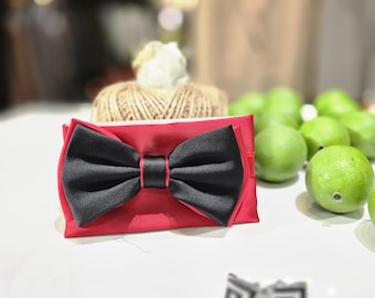 Two-Tone Bow Tie Set with Matching Pocket Square (Black & Red )
