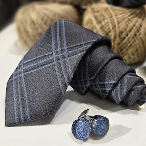 Dusty blue and brown Check Pattern Necktie for Men, Formal Business Wedding Accessory