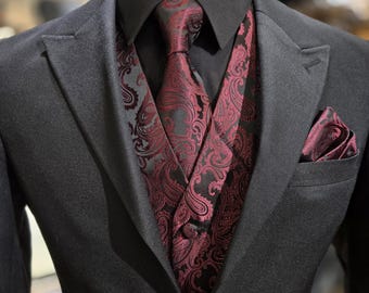 Men’s Paisley Vest Set with Matching Tie & Pocket Square in Burgundy and Black