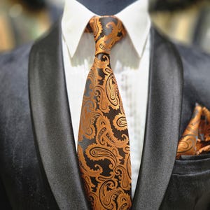 Peut inclure: Un ensemble formel avec une veste de smoking noire, une chemise blanche et une cravate à motifs cachemire. La cravate et la pochette de costume présentent un motif détaillé en or et noir, ajoutant une touche d'élégance.