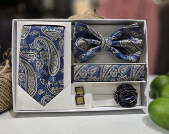 Luksusowy męski zestaw krawatów w stylu paisley – 5 elementów: krawat, muszka, poszetka, spinki do mankietów i kwiatek do klapy – elegancki formalny zestaw prezentowy