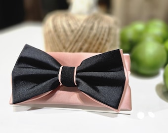 Set papillon bicolore con fazzoletto da taschino abbinato (nero e rosa cipria)