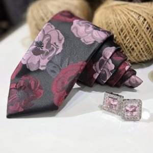 Pink and Black Floral Pattern Necktie, Formal Business Wedding Accessory