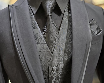 Men’s Paisley Vest Set with Matching Tie & Pocket Square in black