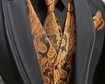 Men’s Paisley Vest Set with Matching Tie & Pocket Square in Copper and Black
