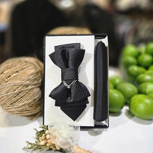 May include: A black bow tie and matching pocket square set in a gift box. The bow tie has a layered design with a silver accent. A small boutonniere with white and beige flowers is in front of the box. A ball of twine and green limes are in the background.