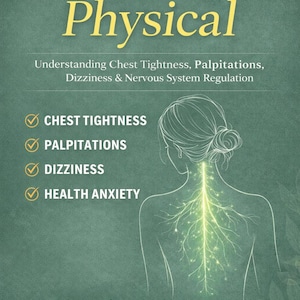 May include: Book cover titled "Why Anxiety Feels Physical" with text about chest tightness, palpitations, dizziness, and health anxiety. A diagram of a person's back and nervous system is featured. The author's name is Dana Evi.