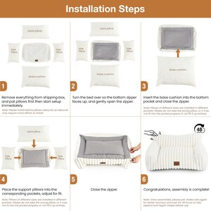 May include: A step-by-step guide for assembling a pet bed. The image shows diagrams and text instructions. The bed features a white, ribbed outer fabric and a grey inner cushion. Instructions include inserting cushions and zipping the bed.