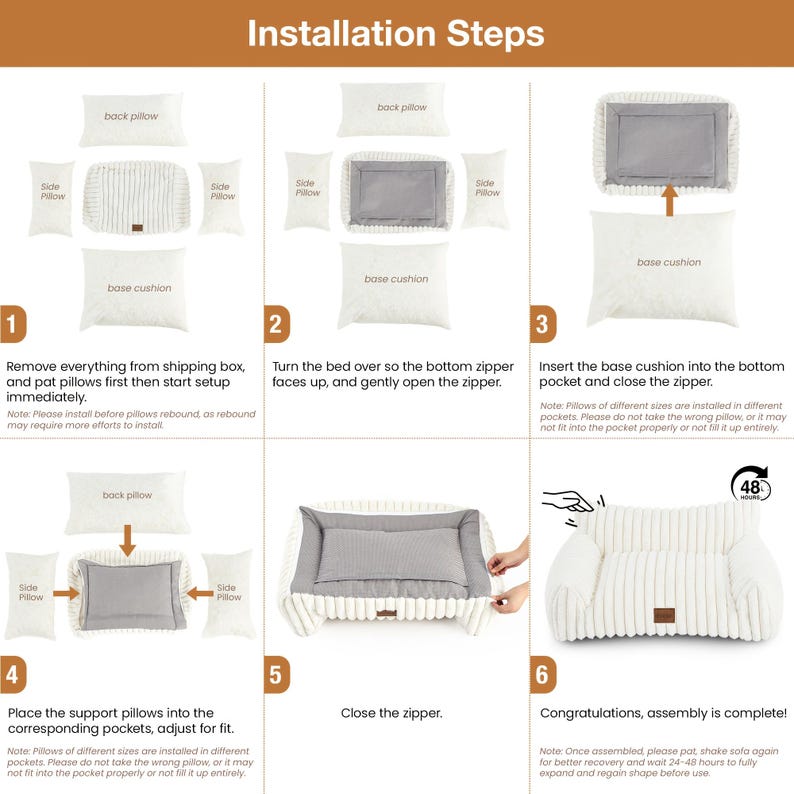 May include: A step-by-step guide for assembling a pet bed. The image shows diagrams and text instructions. The bed features a white, ribbed outer fabric and a grey inner cushion. Instructions include inserting cushions and zipping the bed.