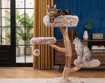 Natural Wood Cat Tree with Cozy Perch and Plush Platforms