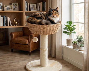 Cat Tree Tower with Handwoven Wicker Basket, Window Perch