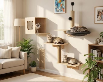 Wall Mounted Cat Climbing Shelves Wooden Multi-Level House Steps Bed Sisal Scratcher