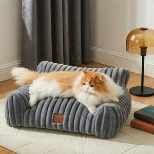 May include: A grey, corduroy-style pet sofa with a rectangular shape and a small label. An orange and white cat is lying on the sofa. The sofa has a curved back and armrests.