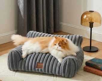 Fluffy Cat Couch Bed for Large Dogs & Cats – Soft Corduroy Pet Sofa, Washable Fleece Cover, Non-Slip Supportive Dog Bed