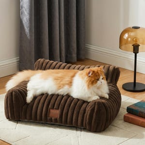 May include: A ginger and white cat lies on a brown corduroy pet bed. The bed has a rounded shape and a small tag. A decorative lamp with a gold shade is in the background. The bed is likely 60 cm in length.