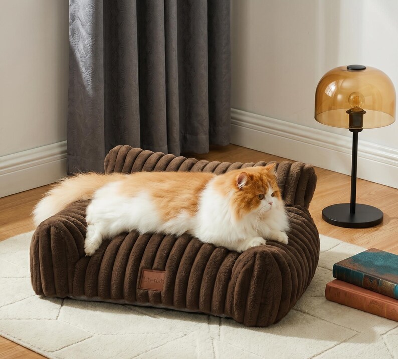 May include: A ginger and white cat lies on a brown corduroy pet bed. The bed has a rounded shape and a small tag. A decorative lamp with a gold shade is in the background. The bed is likely 60 cm in length.