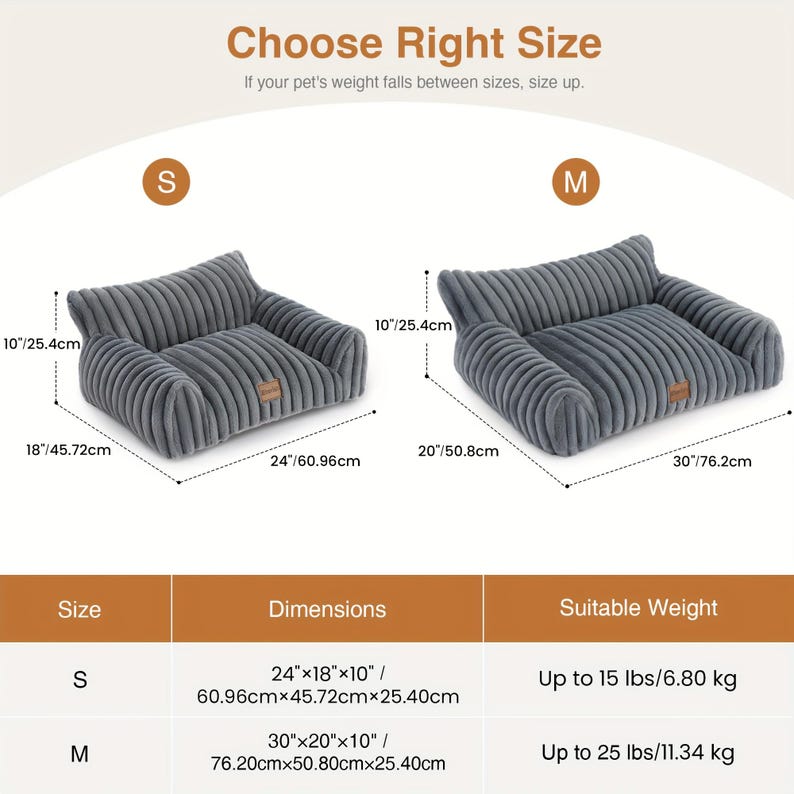 May include: Two grey pet beds, labelled S and M, with dimensions in inches and centimetres. The S bed measures 24"x18"x10" and the M bed measures 30"x20"x10". The beds are designed for pets up to 6.80 kg and 11.34 kg, respectively.